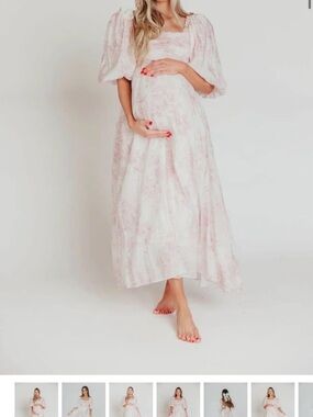 Melody Maxi Dress with Pleats and Bow Detail in Pink Toile - Bump Friendly Small